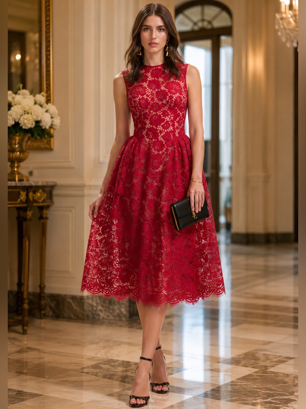 Self-Portrait Red Sleeveless Lace Midi Dress US 8